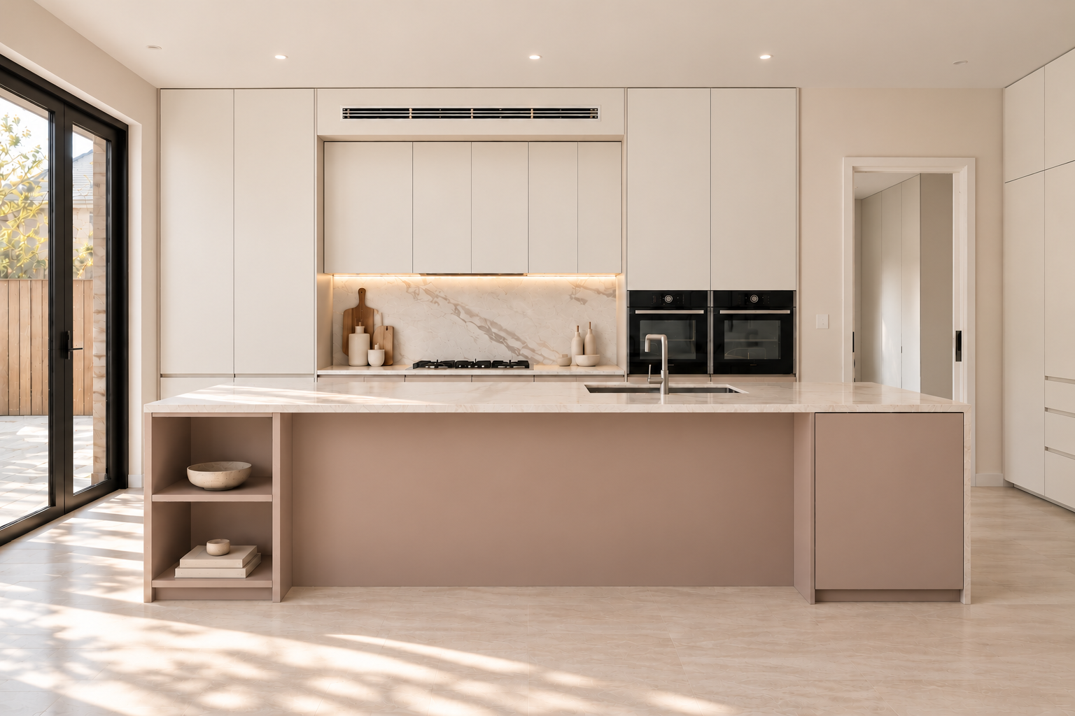 Contemporary kitchen with veined stone benchtops, warm neutral cabinetry, integrated black ovens and natural light through glazed doors.