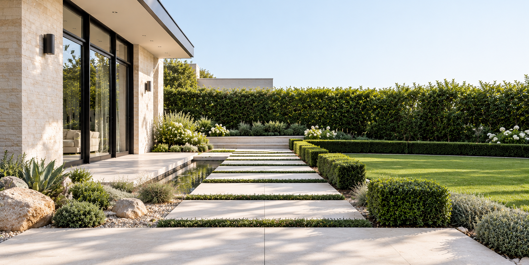Contemporary stone home beside a maintained lawn, clipped hedging, landscaped garden beds and broad paved stepping stones.